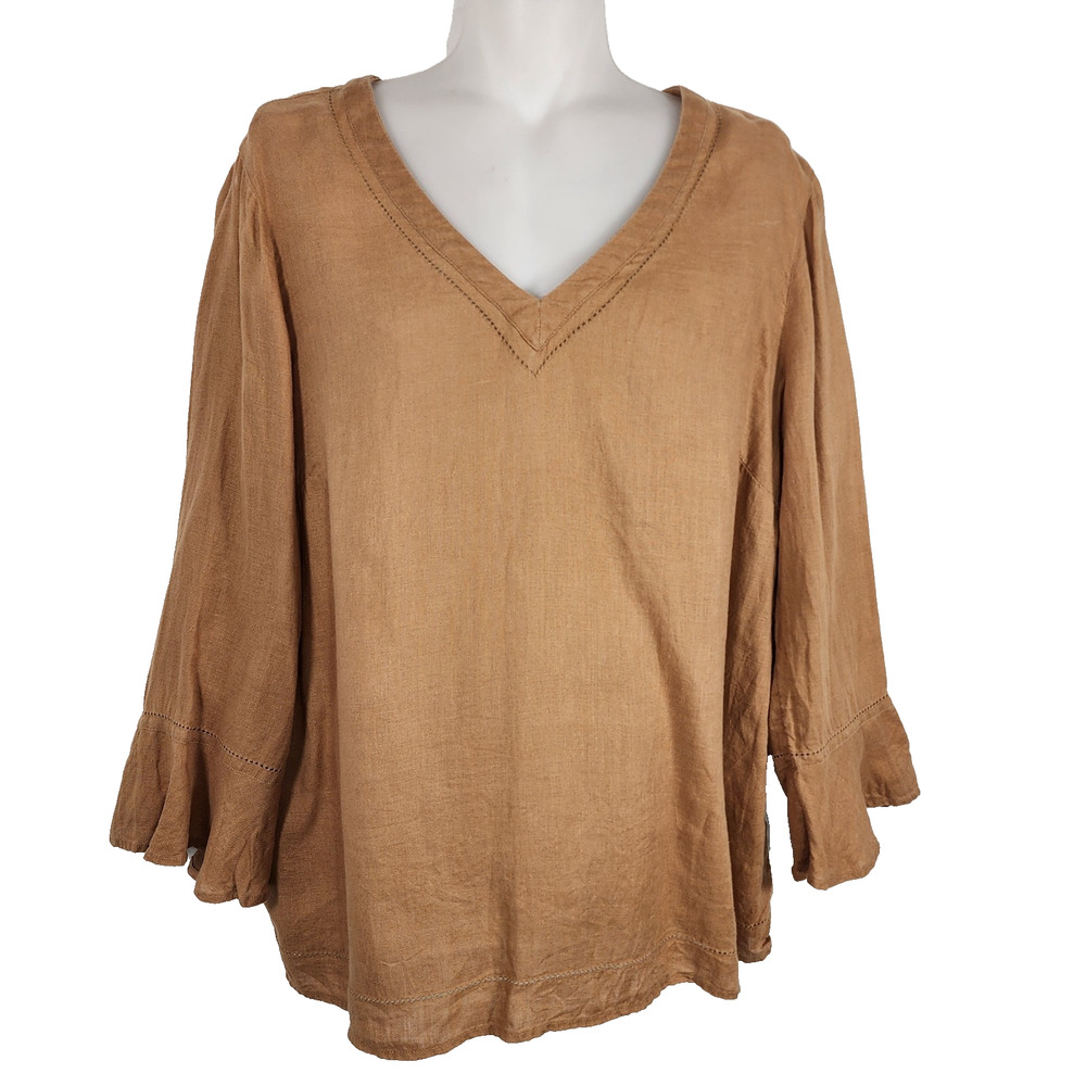 J Jill Love Linen Womens V Neck Flutter Sleeve Tunic Top Brown Size Medium Boho
